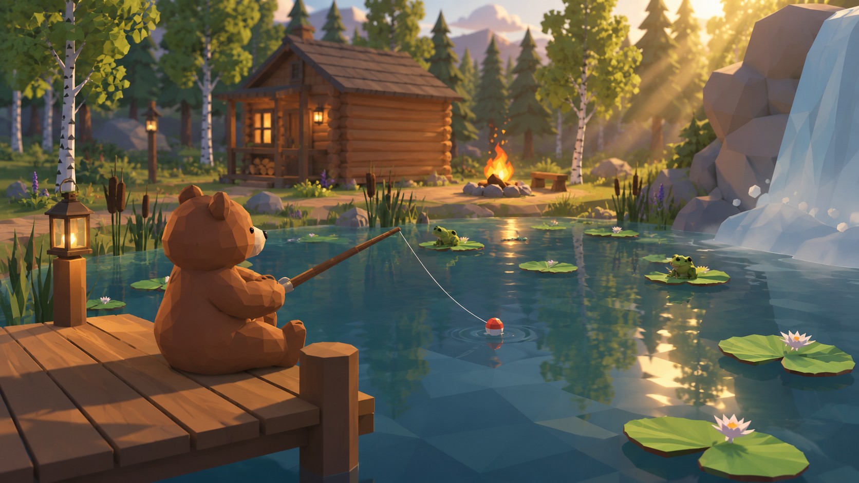 A bear fishing from the dock in Nova Forest at sunset, with the cabin, the campfire, frogs on the lily pads and the waterfall