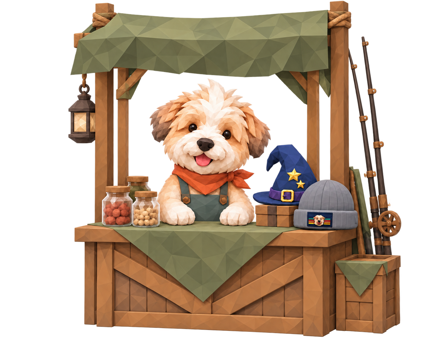 Nova at her shop stall with the Nova beanie, wizard hat, rods and bait